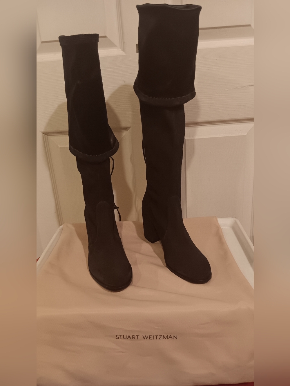Stuart Weitzman Black Suede Over The Knee Boots with Lace Tie.